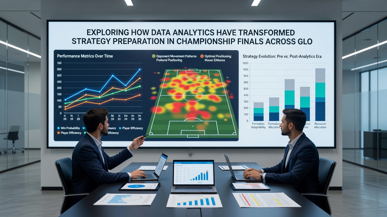 Coaches reviewing interactive analytics screens during a championship finals strategy session