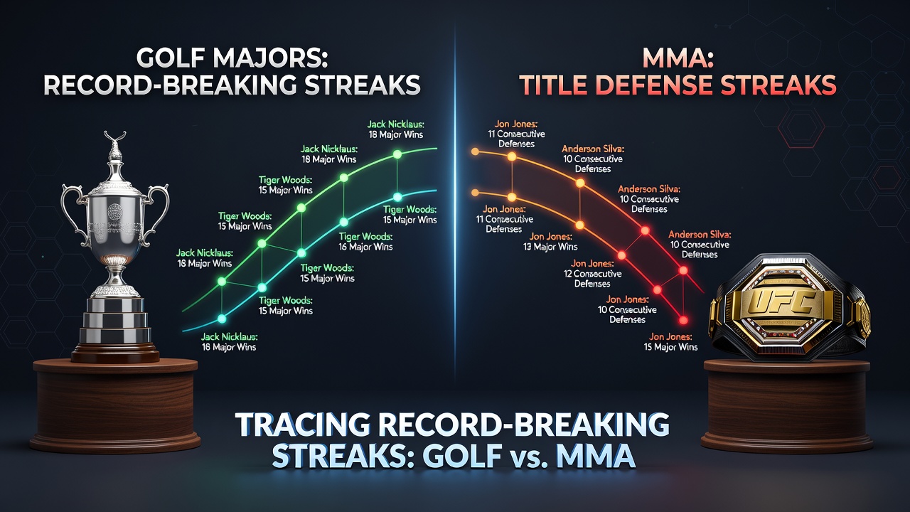 Side-by-side view of athletes competing in golf, MMA octagon, and boxing ring